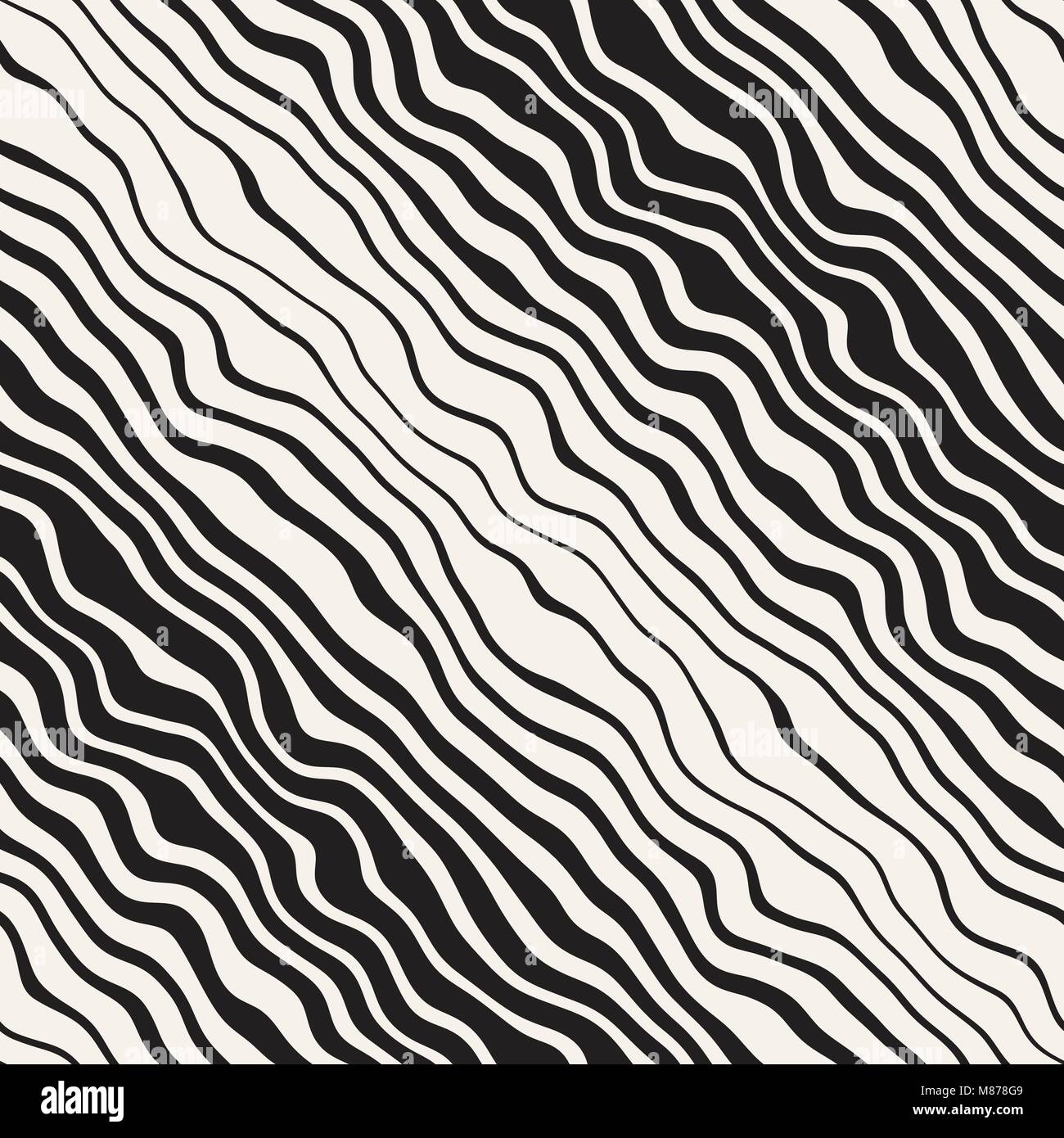 Vector seamless black and white hand drawn diagonal wavy lines pattern ...