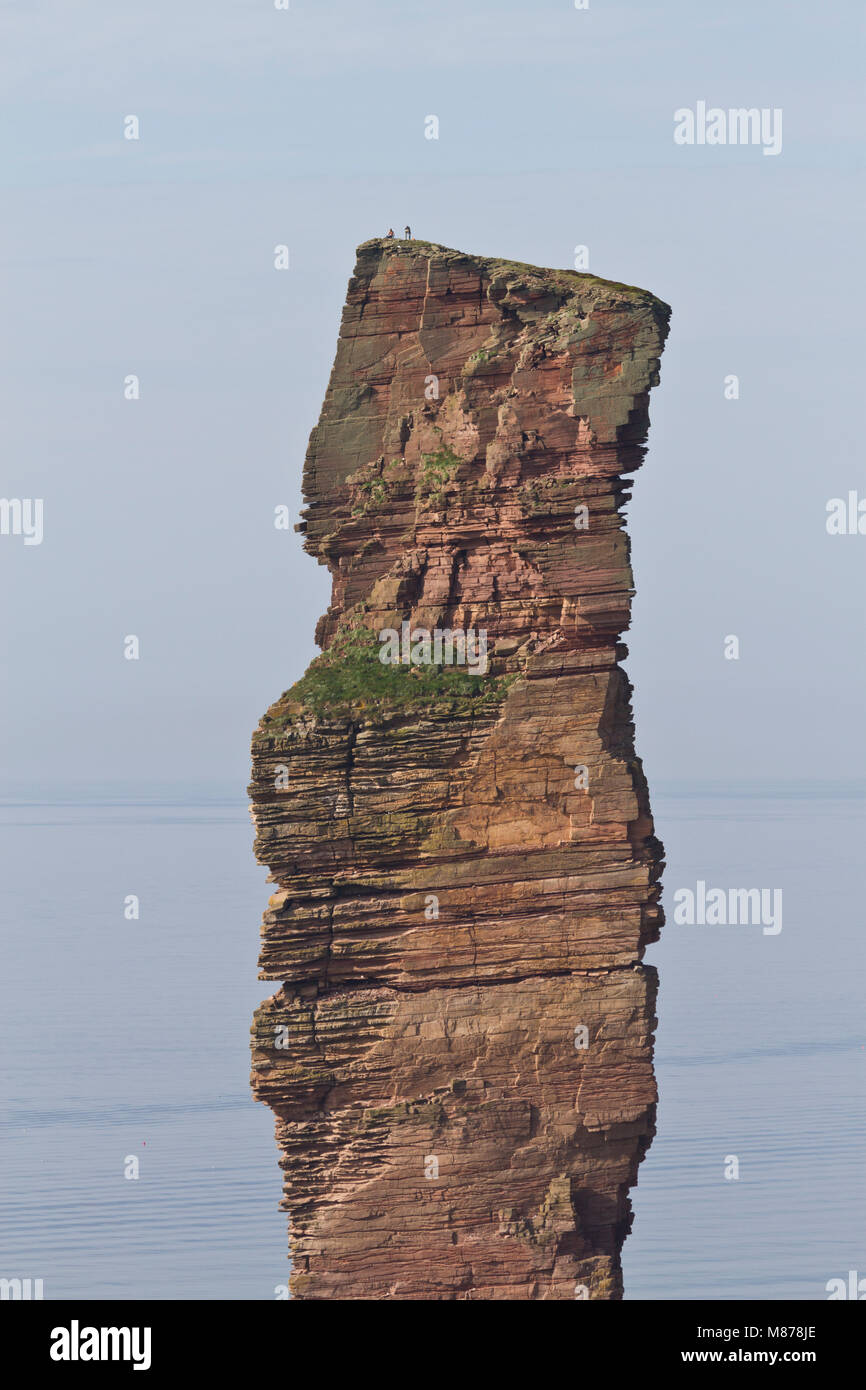 Two climbers on top Old Man of Hoy, Orkney Isles Stock Photo
