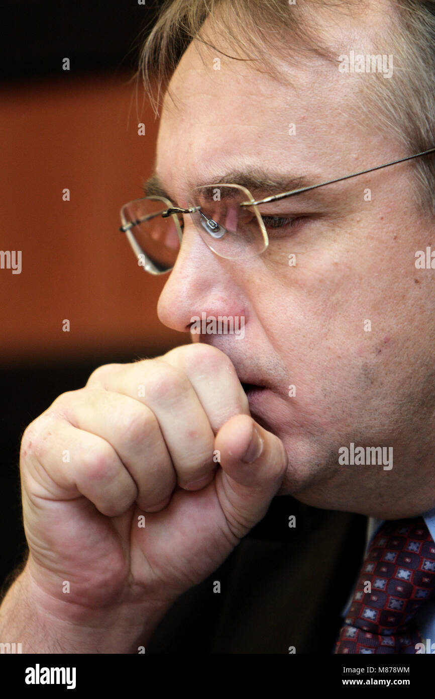 Warsaw, Masovia / Poland - 2008/08/13: Waldemar Pawlak, Deputy Prime Minister of Poland and leader of Polish Peasants’ Party PSL during a press confer Stock Photo