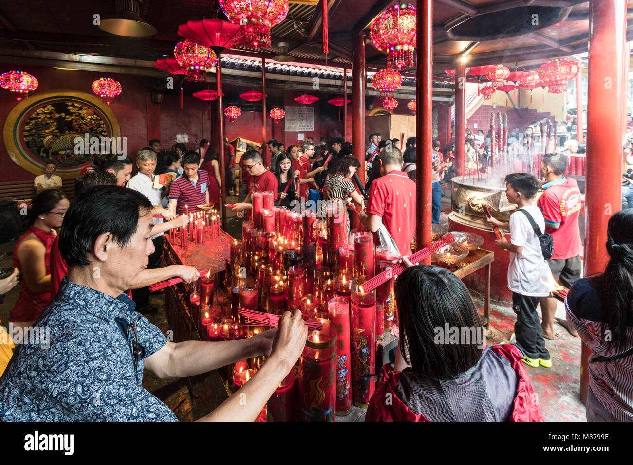 Jakarta, Indonesia - February 16 2018: People celebrate Chinese new year in the Jin De Yuan temple in Glodok, Jakarta Chinatown. The city hold a signi Stock Photo