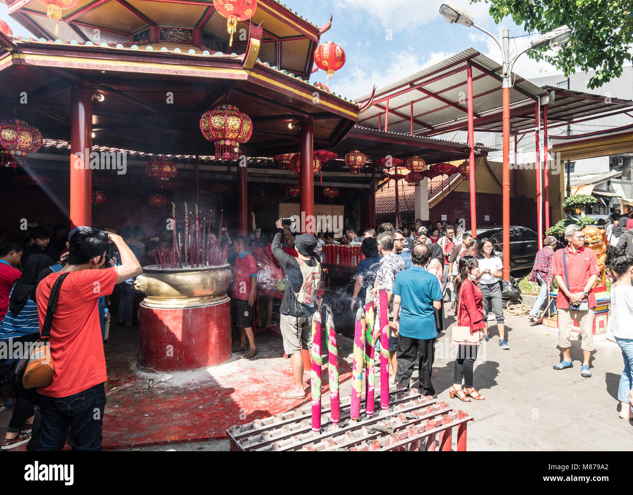 Jakarta, Indonesia - February 16 2018: People celebrate Chinese new year in the Jin De Yuan temple in Glodok, Jakarta Chinatown. The city hold a signi Stock Photo