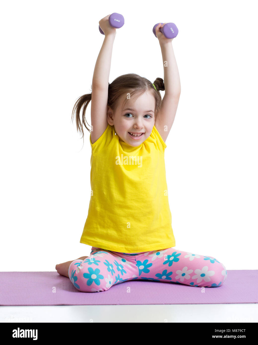 kid toddler doing exercises with dumbbells, white background, concept ...