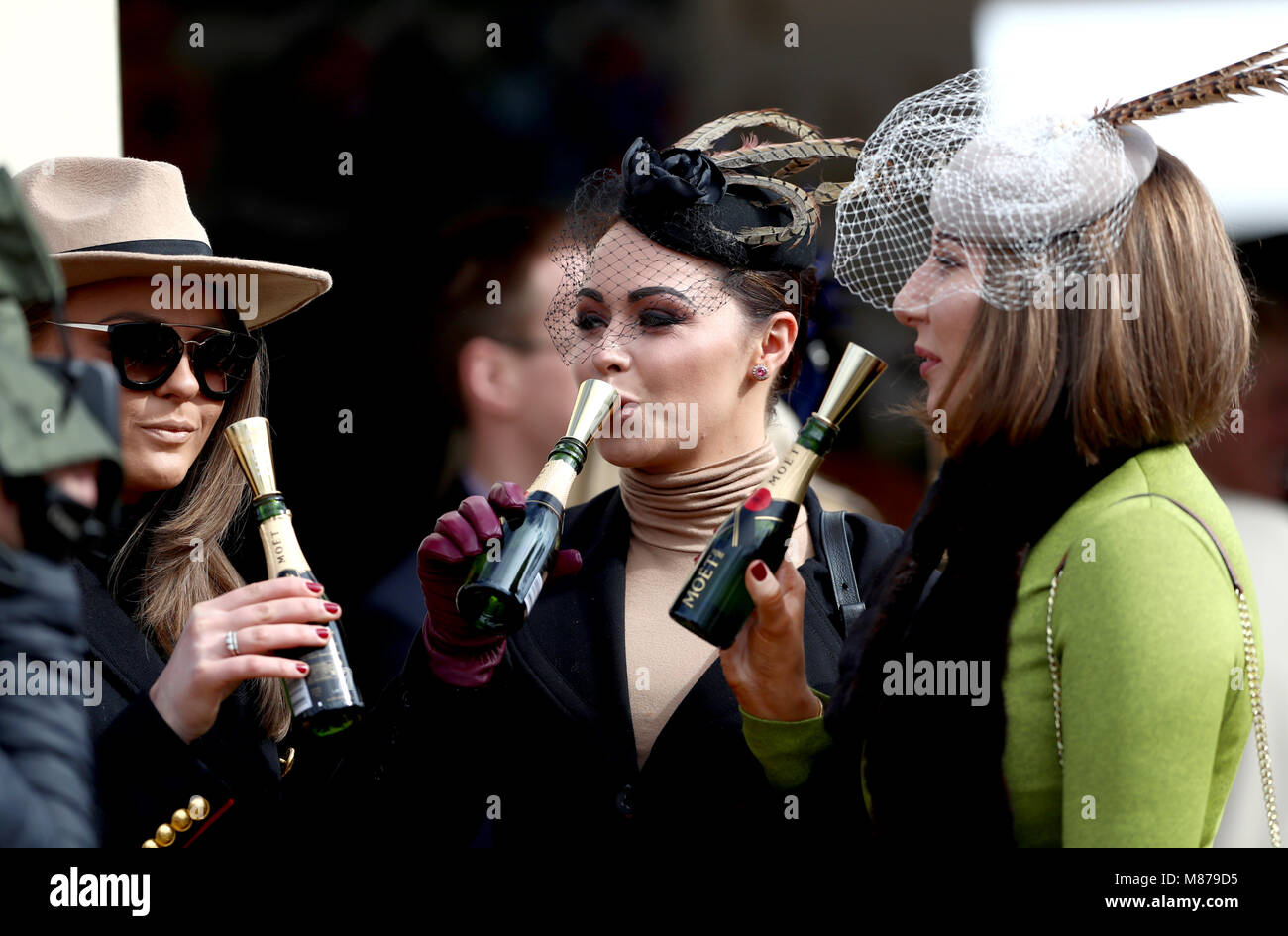 Female racegoers enjoy a drink during St Patrick's Thursday of the 2018 Cheltenham Festival at Cheltenham Racecourse. Stock Photo