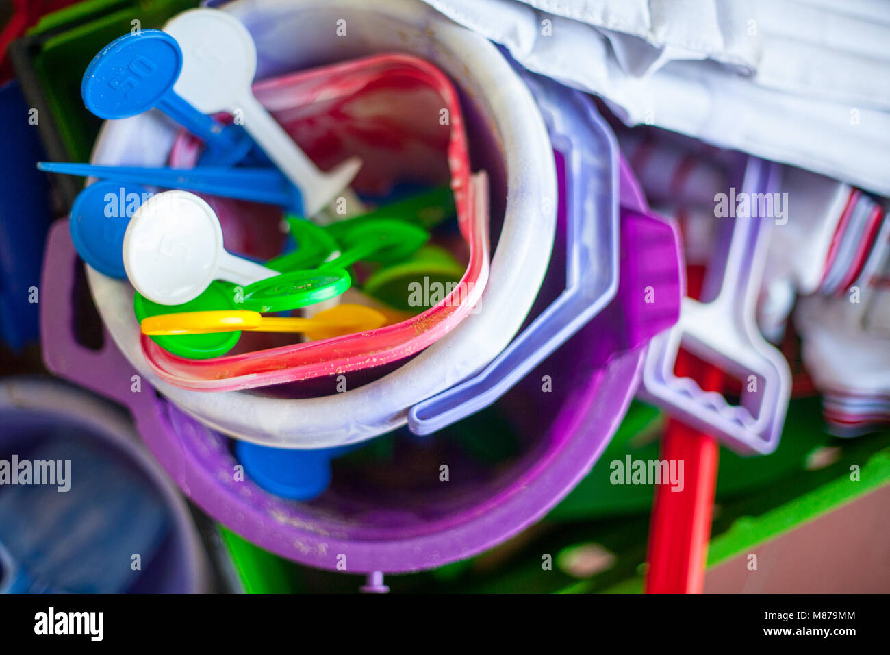 buckets and spades, ready for sand castle making fun at the beach Stock