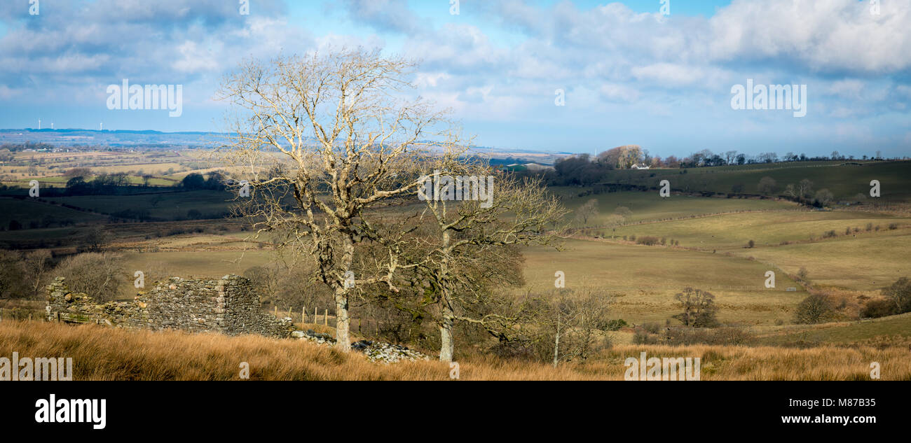 Looking out over an old ruined barn near Lamplugh in the North Lakes. Stock Photo