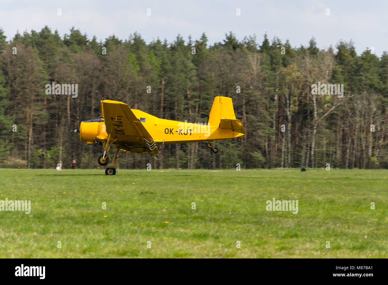 PLASY, CZECH REPUBLIC - APRIL 30: Zlin Z-37 Cmelak Czech agricultural airplane used as crop duster flying on April 30, 2017 in Plasy, Czech Republic. Stock Photo
