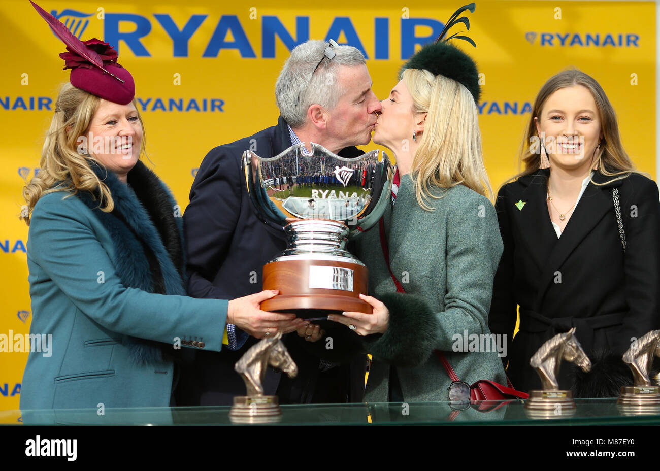 Owner Michael O'Leary celebrates with wife Anita Farrell after wining the  Ryanair Steeple Chase with horse Balko des Flos during St Patrick's  Thursday of the 2018 Cheltenham Festival at Cheltenham Racecourse Stock