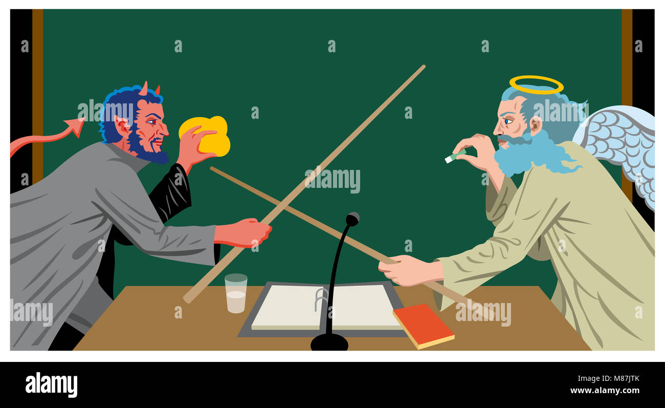 Devil and angel fighting with pointer sticks in classroom Stock Photo