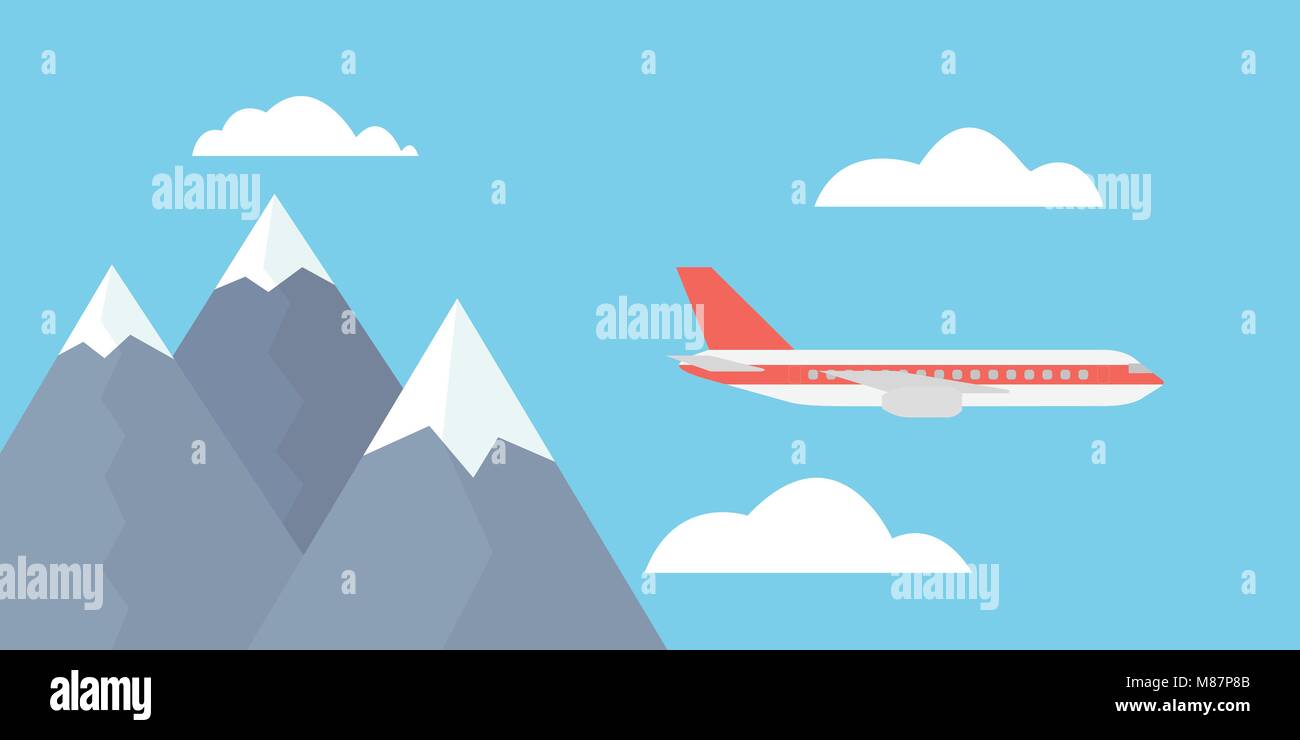 View of the large and fast line airliner flying among the clouds in the blue sky - vector Stock Vector