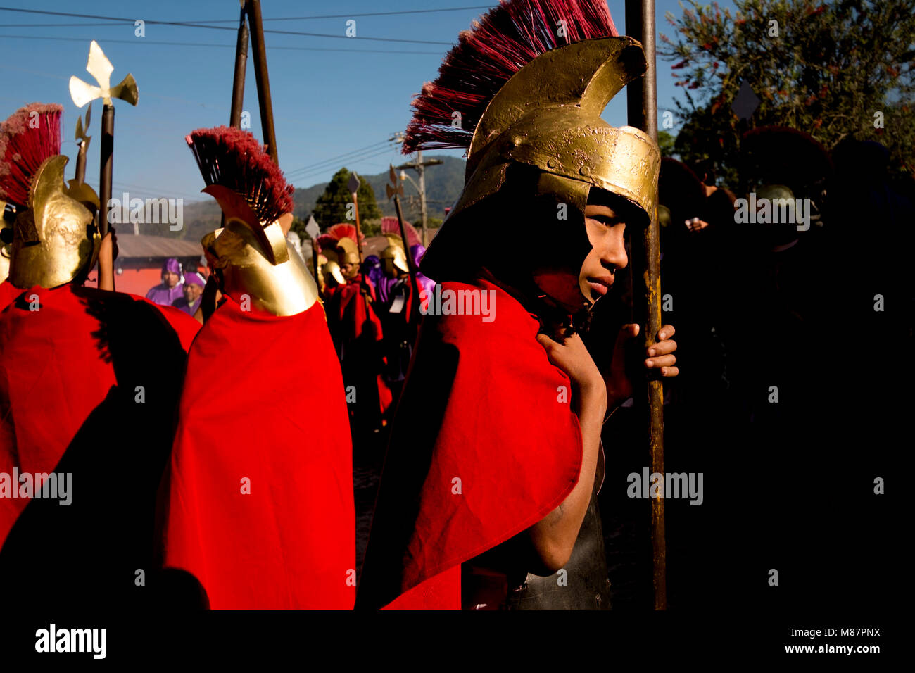 Guatemala, Antigua - February 17, 2013. Young boys in Roman uniforms prepare for the Holy Week celebrations in Antigua. (Photo credit: Gonzales Photo - Flemming Bo Jensen). Stock Photo