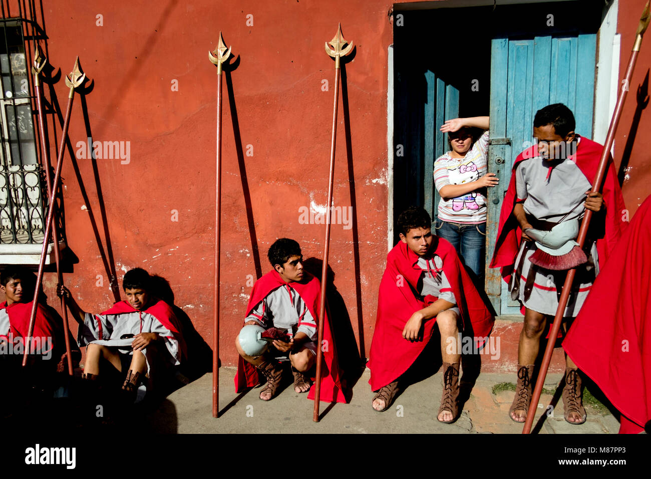 Guatemala, Antigua - March 3, 2013. Young boys in Roman uniforms prepare for the Holy Week celebrations in Antigua. (Photo credit: Gonzales Photo - Flemming Bo Jensen). Stock Photo