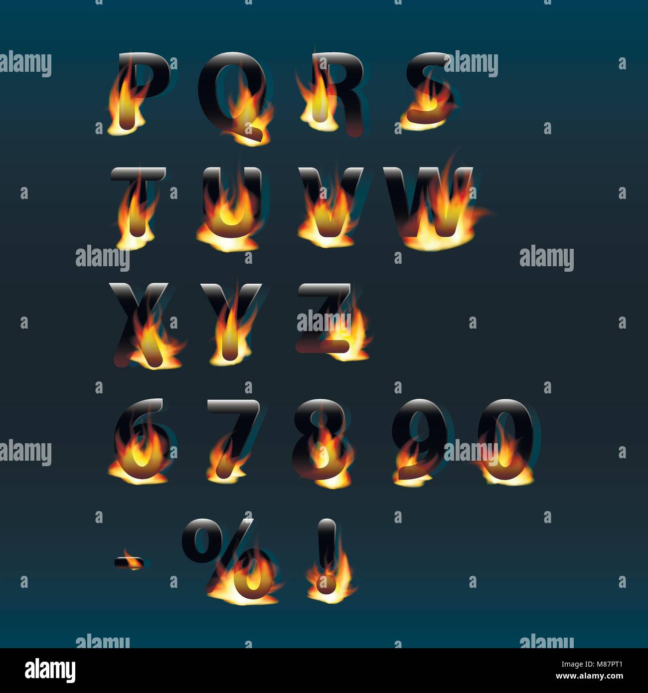 Hot letters and numbers on fire. Alphabet.Fire burning vector font. Part 2 Stock Vector
