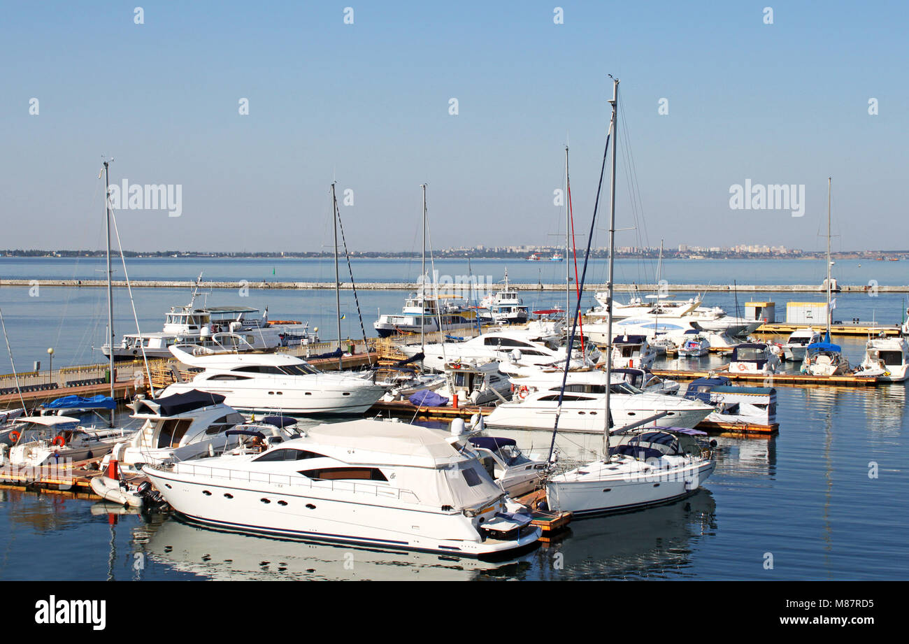 Yachts on the berth in Black sea, Odessa, Ukraine Stock Photo