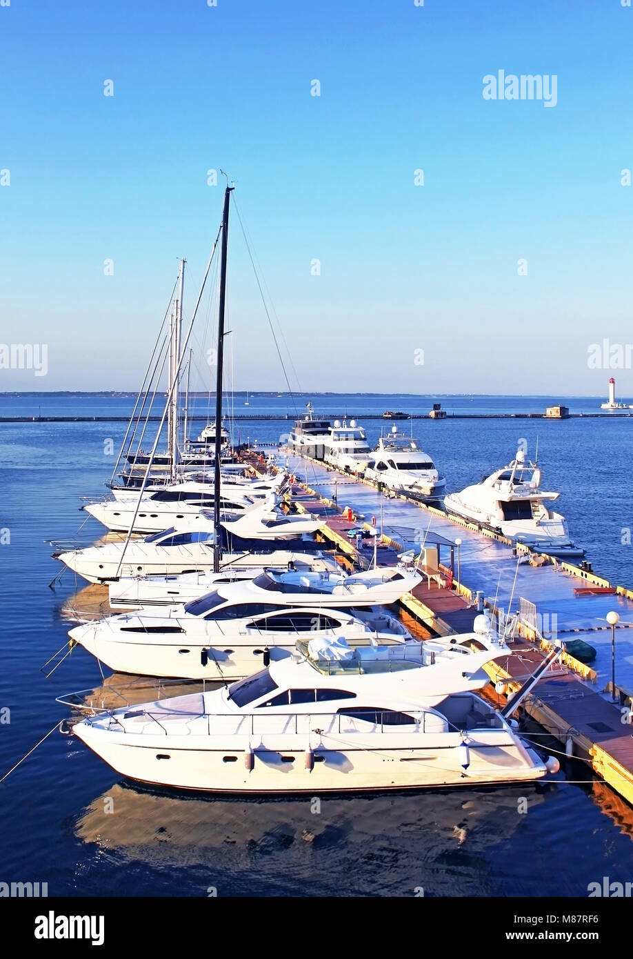 Yachts on the berth in Black sea in the morning, Odessa, Ukraine Stock Photo