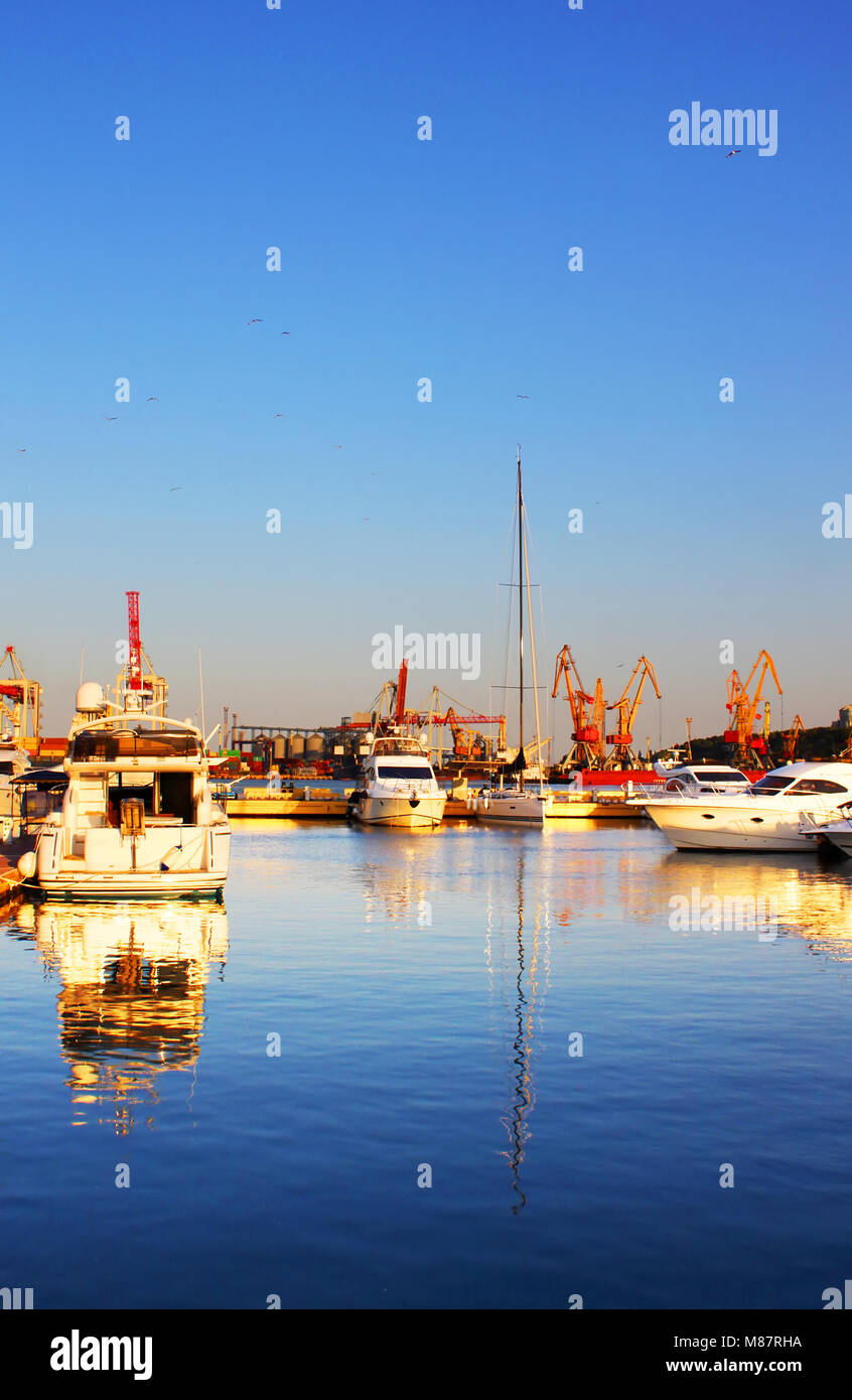 Yachts on the berth in Black sea in the morning, Odessa, Ukraine Stock Photo