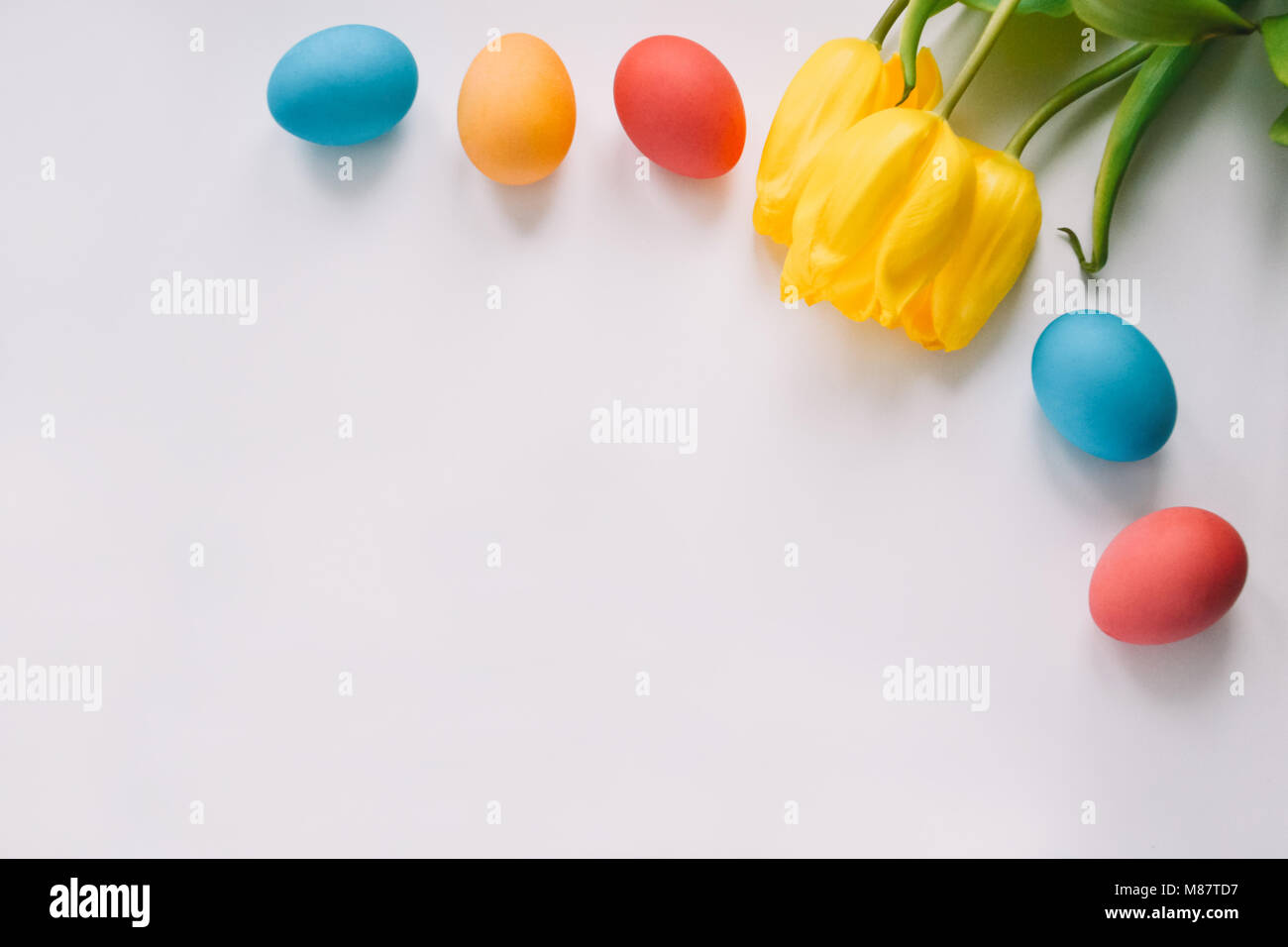 Easter background with Easter eggs and spring flowers. Top view with ...