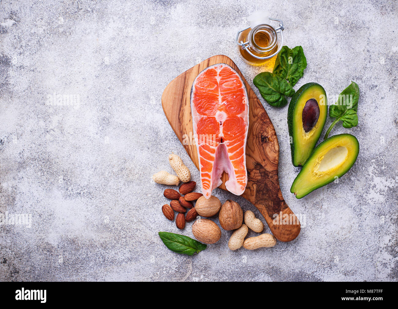 Selection of healthy fat and omega 3 sources. Stock Photo