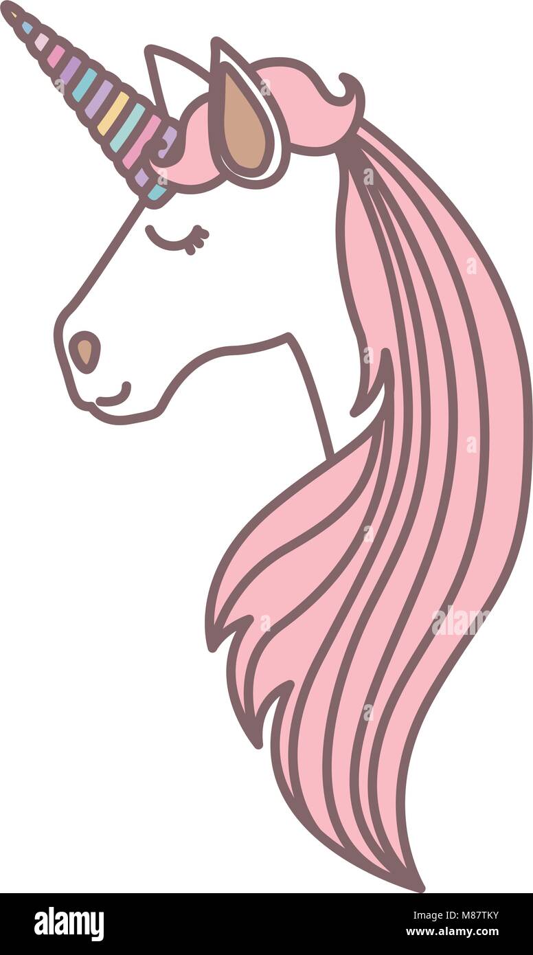white background with face side view of female unicorn and long striped mane Stock Vector Image