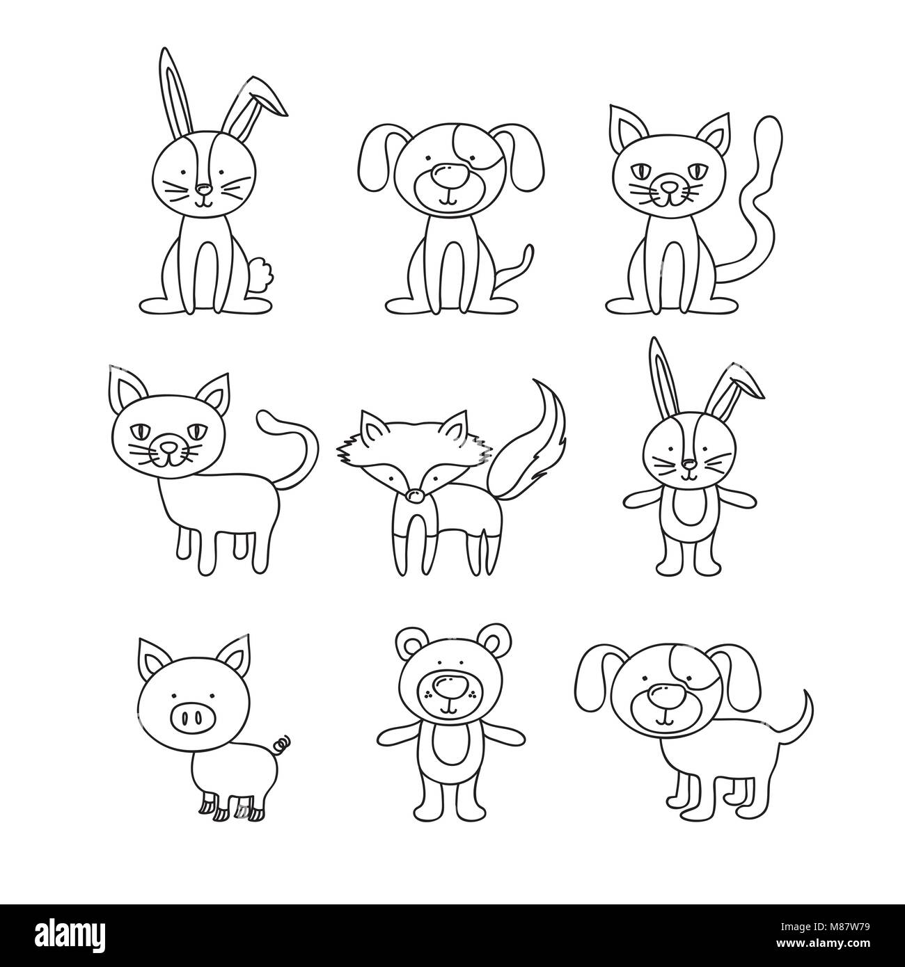 white background with set of hand drawn animals Stock Vector Image