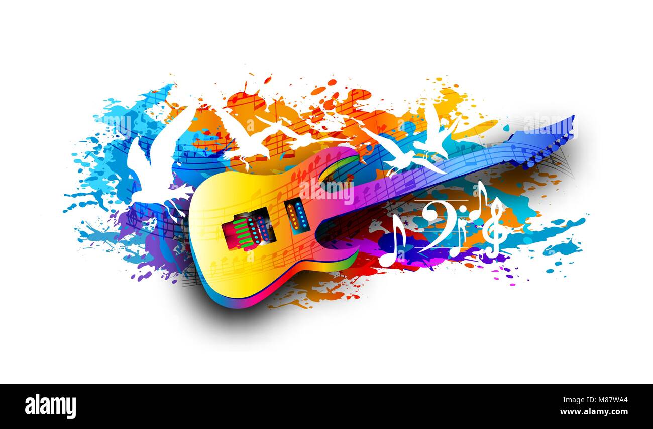 Music background with electric guitar and flying birds Stock Vector