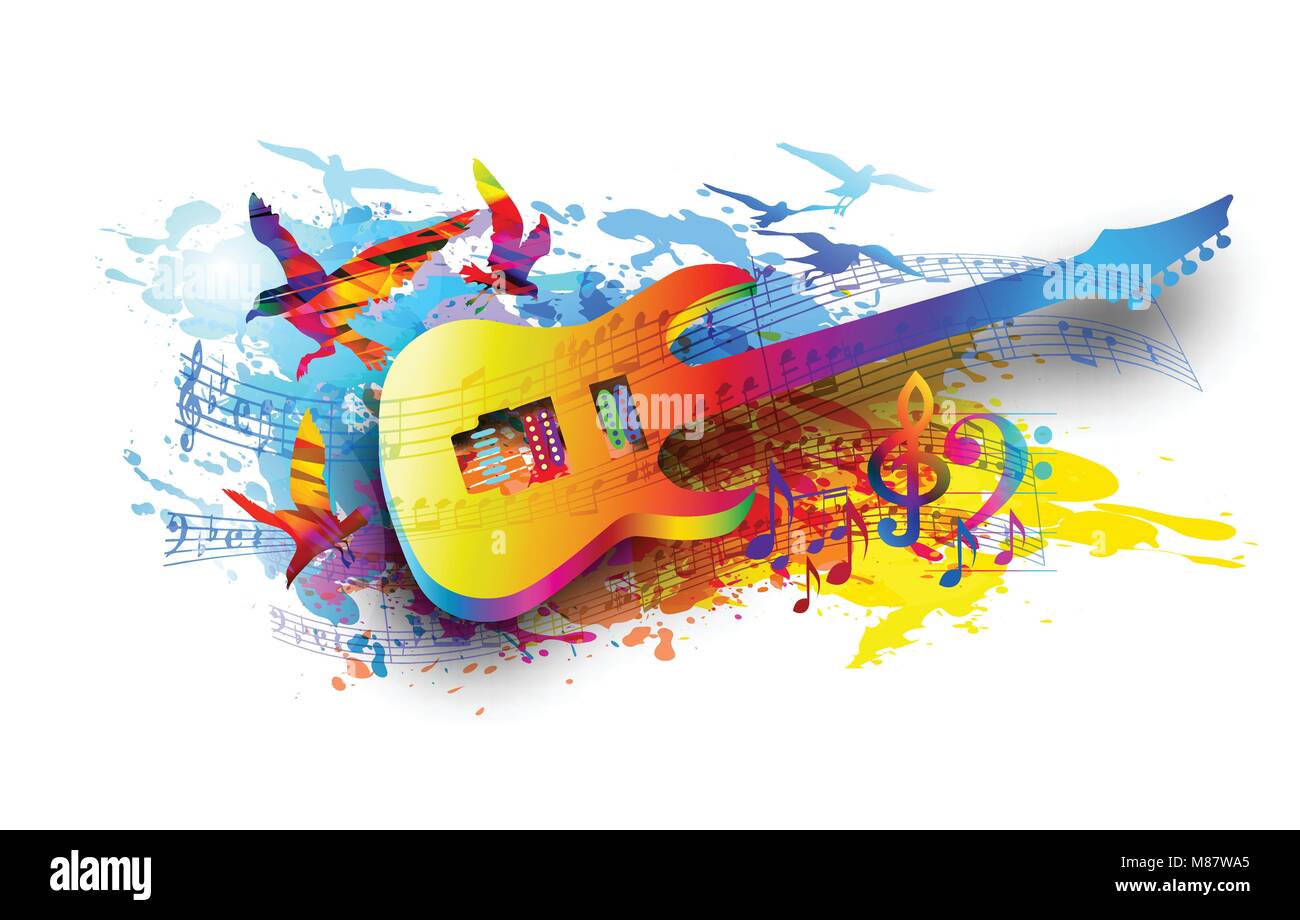 Music background with electric guitar and flying birds Stock Vector