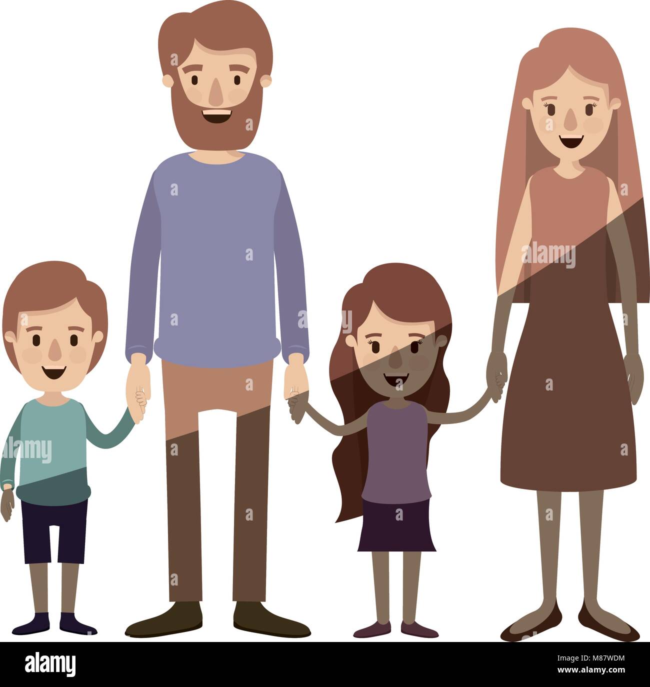 light color shading caricature family with parents and little kids taken hands Stock Vector