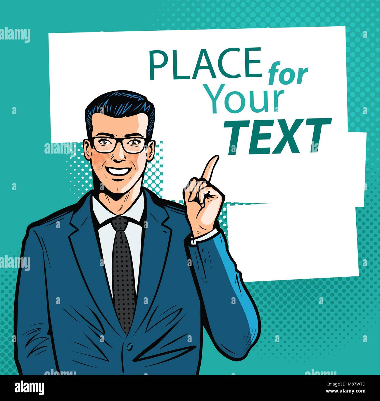 Happy businessman pointing index finger at important information. Business concept. Cartoon vector illustration Stock Vector