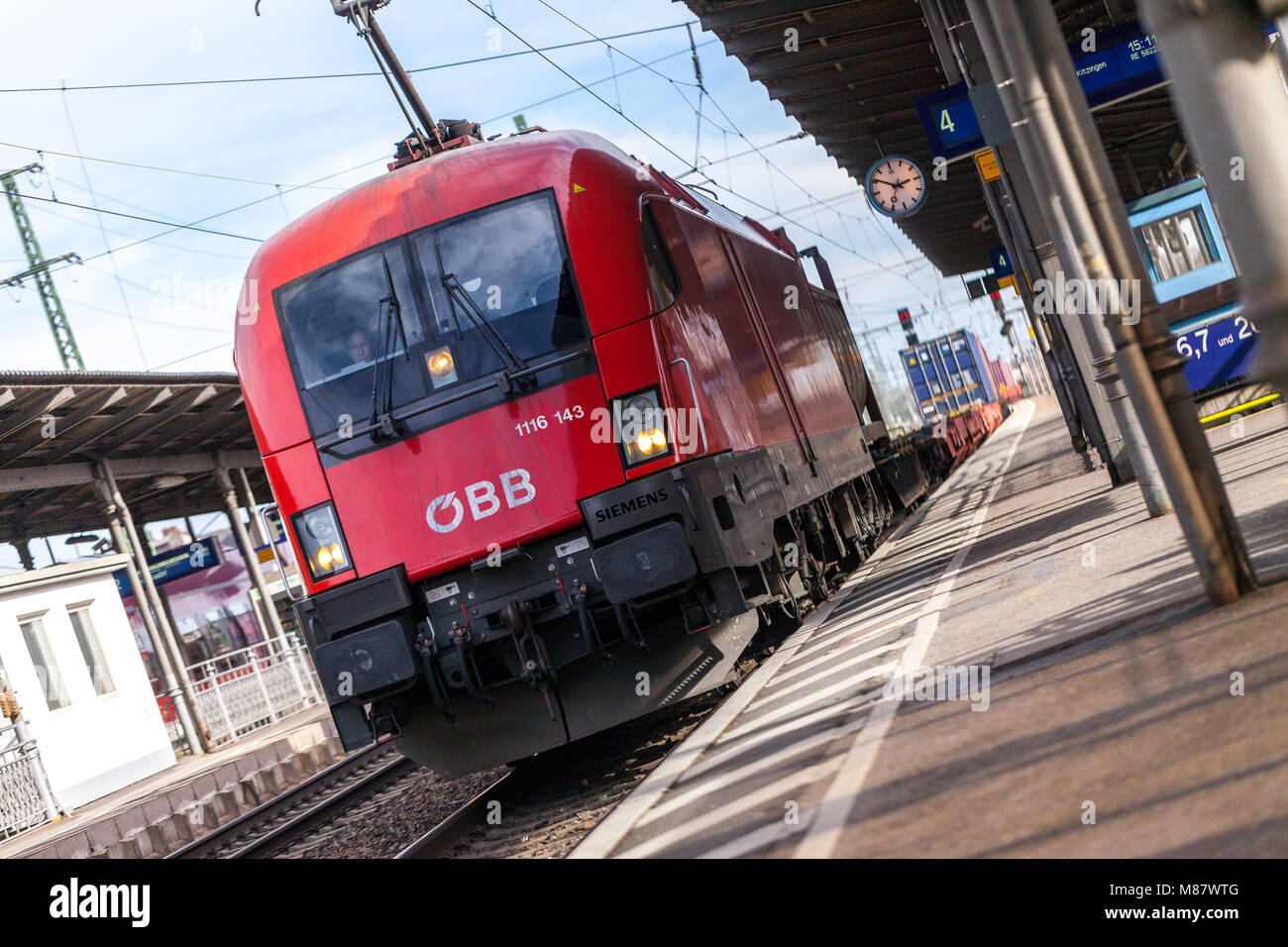 FUERTH / GERMANY - MARCH 11, 2018: Freight train from OEBB Austrian Federal Railways, passes train station fuerth in germany. Stock Photo