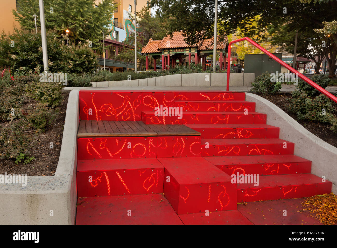 WA13846-00...WASHINGTON - Light sculptured steps honoring the monkey and the Grand Pavilion at Hing Hay Park in the International District of Seattle. Stock Photo