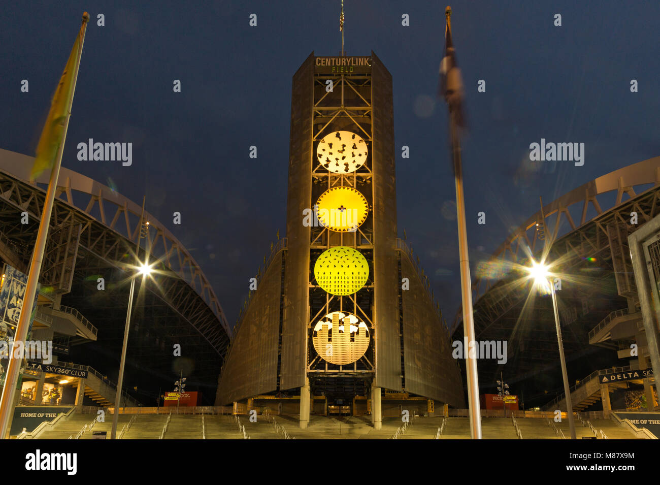 WA13856-00...WASHINGTON - Evening lights at the Tower at CenturyLink Field on a night without a scheduled event in Seattle's Sodo Stadium District. Stock Photo