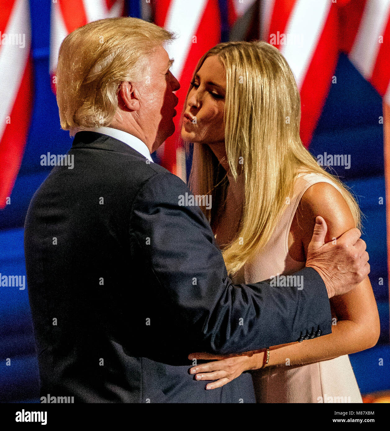 Cleveland, Ohio, USA, 21th, July, 2016   Republican Presidential candidate Donald Trump hugs his daughter Ivanka after she addressed the National Convention at the Quicken Loans Arena.  Credit: Mark Reinstein/MediaPunch Stock Photo