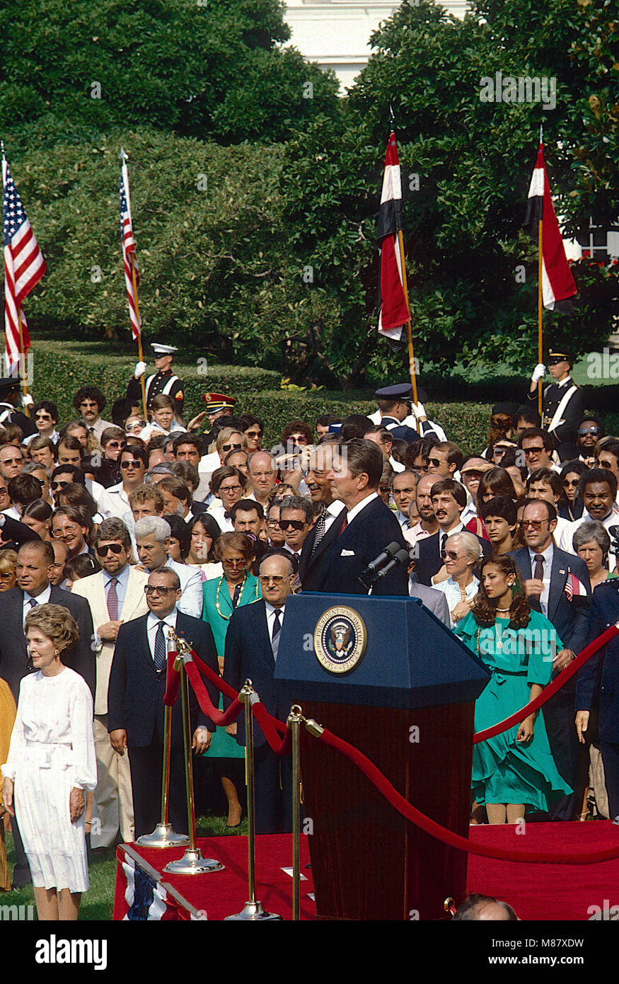 Washington, DC., USA, August 5, 1981  President Ronald Reagan and Egyptian President Anwar  el-Sadat during the official welcoming ceremony on the South Lawn. Credit: Mark Reinstein/MediaPunch Stock Photo