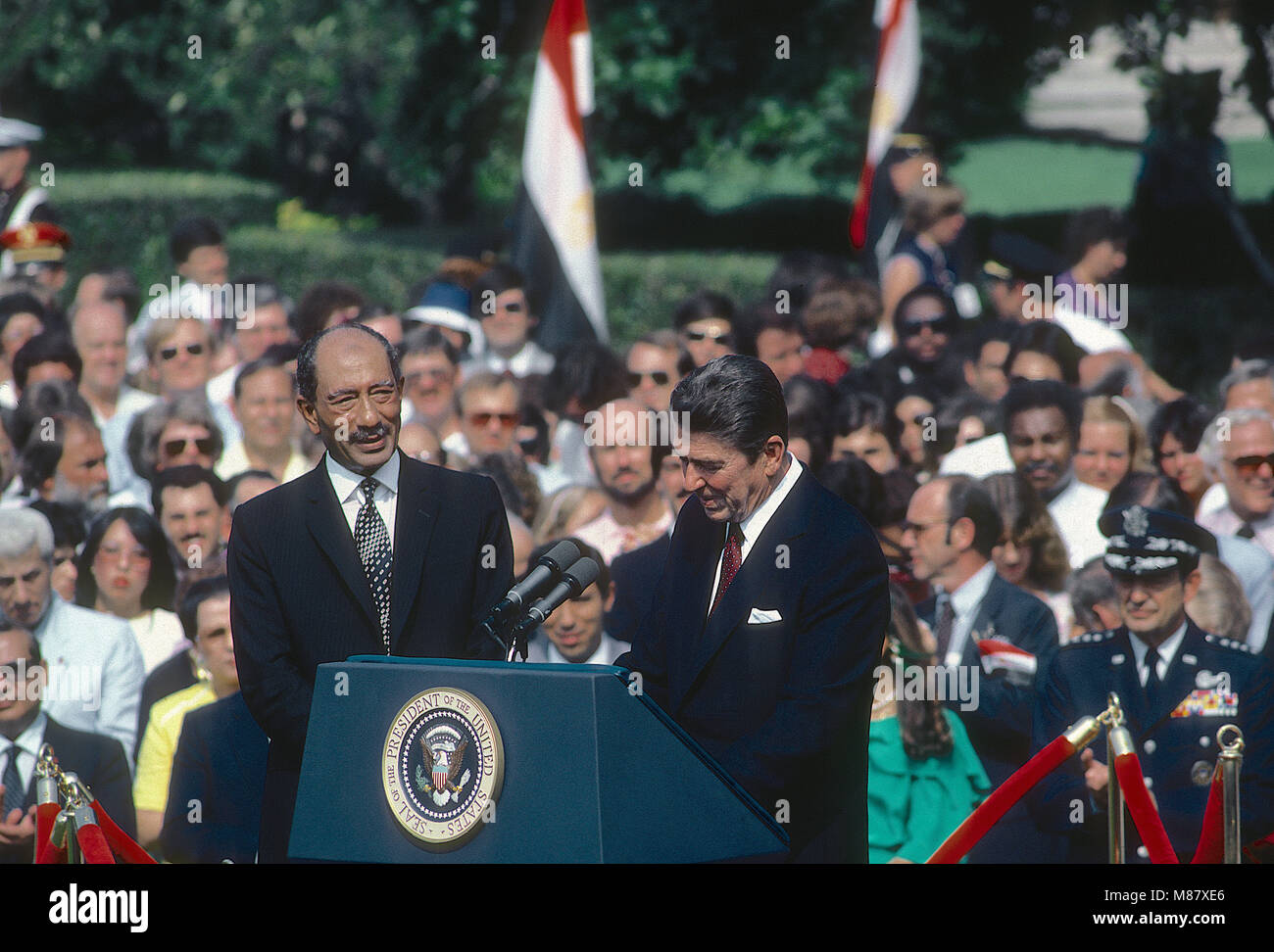 Washington, DC., USA, August 5, 1981  President Ronald Reagan and Egyptian President Anwar  el-Sadat during the official welcoming ceremony on the South Lawn. Credit: Mark Reinstein/MediaPunch Stock Photo