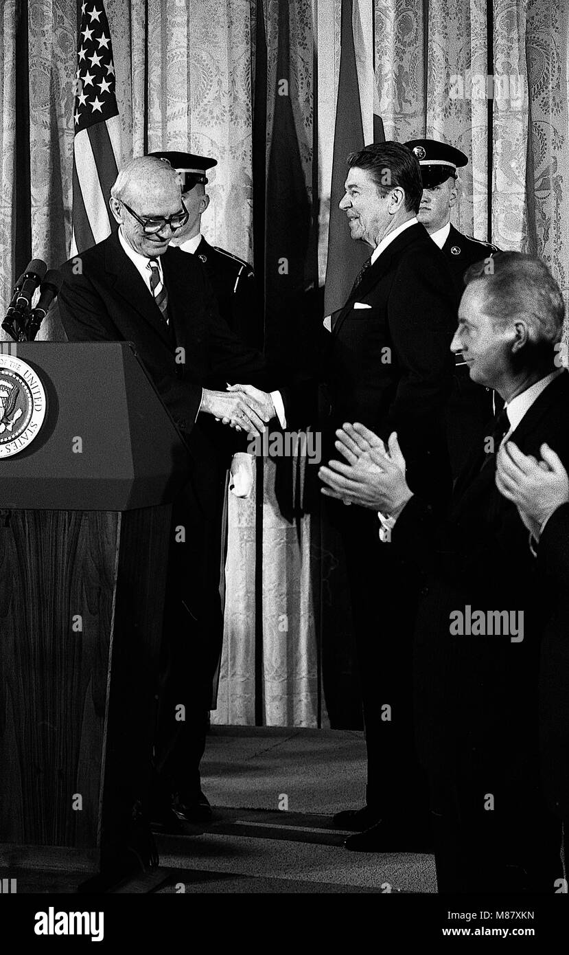 Washington. DC., USA, February 28, 1984 President Ronald Reagan greets Austrian President Rudolf Kirchschlager in the East Room of the White House for an abbreviated offical state visit arrival ceremony held in inside instead of on the usual South Lawn due to a snowstorm. Credit: Mark Reinstein/MediaPunch Stock Photo