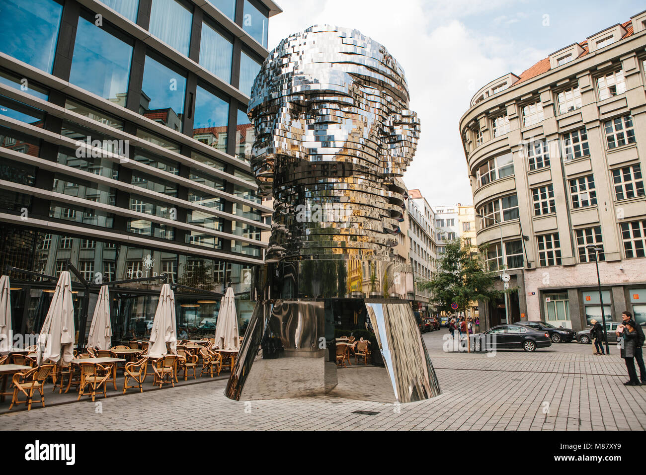 Prague, September 25, 2017: The sculpture of Franz Kafka stands near the shopping center called Quadrio above the metro station, which is called Narod Stock Photo