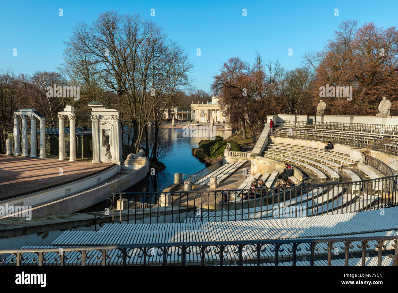 Palace on the Water and the amphitheatre of the Palace on the Isle, at the Warsaw's Royal Baths Park. Stock Photo