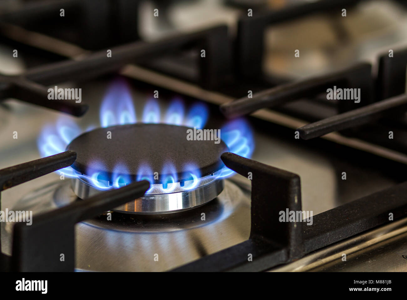 Natural Gas Burning On Kitchen Gas Stove In The Dark Panel From