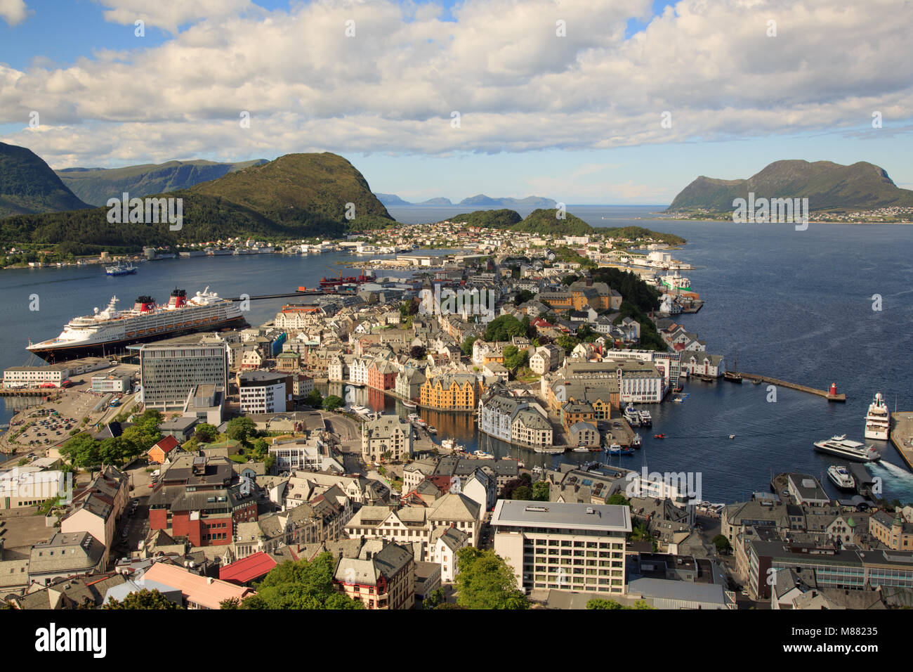 View of the town centre of Ålesund from the top of the hill 'Aksla' Stock Photo