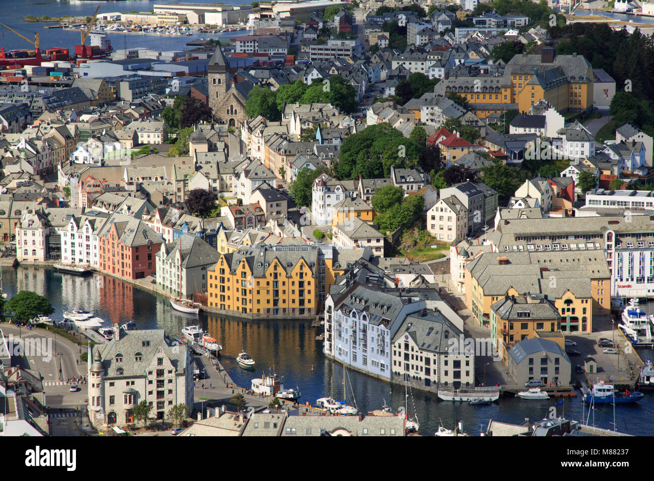 Close-up View of the town centre of Ålesund from the top of the hill 'Aksla' Stock Photo