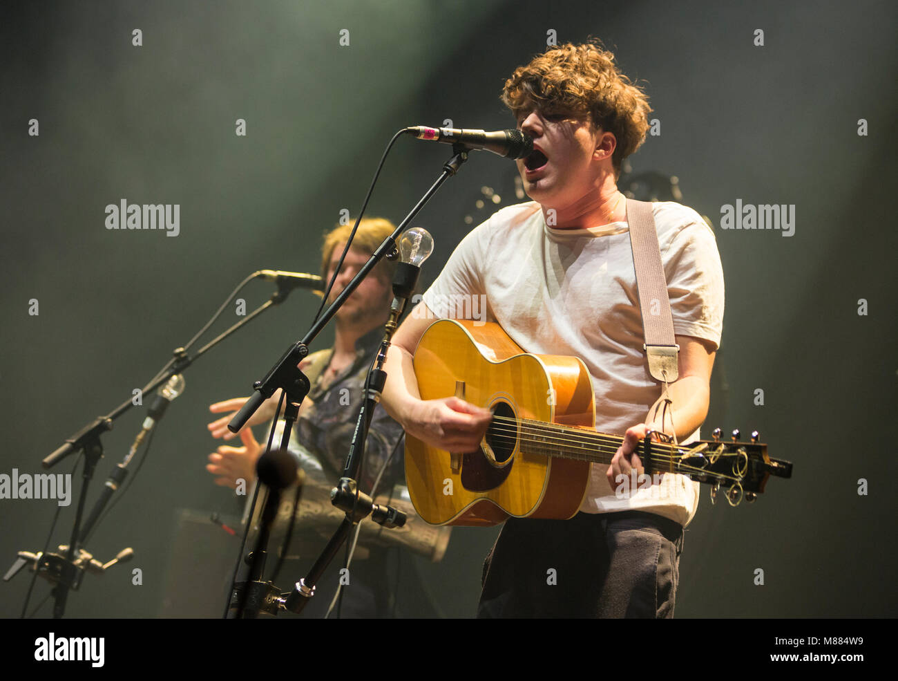 Wetzlar, Germany. 14th Mar, 2018. Faber, Swiss singer-songwriter with band Goran Koč y Vocalist Orkestar, support act for band Kraftklub, at Rittal-Arena Wetzlar. Faber (real Julian Pollina), born in 1993, is the son of Italian singer-songwriter Pippo Pollina. Credit: Christian Lademann Stock Photo
