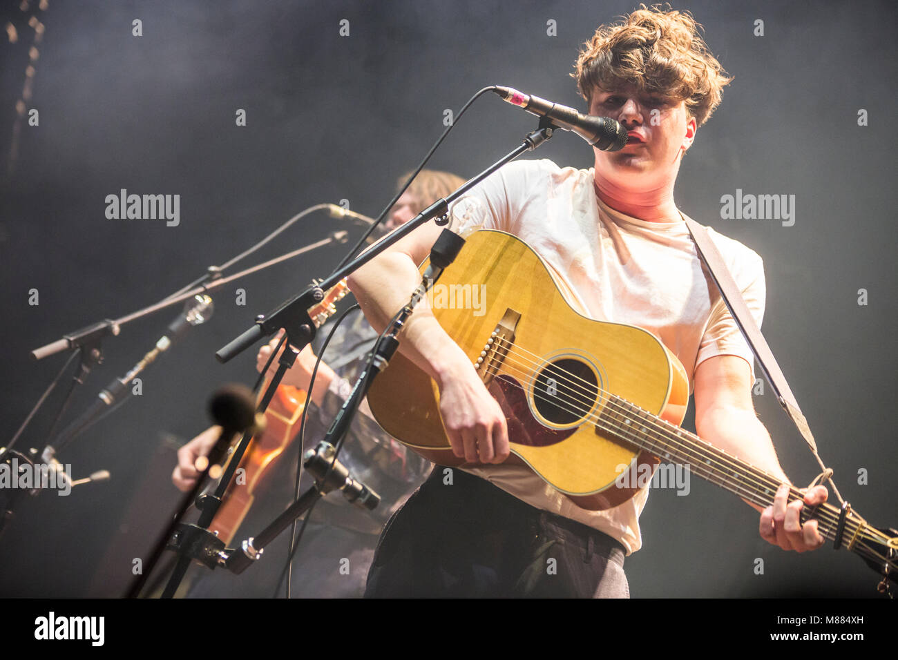 Wetzlar, Germany. 14th Mar, 2018. Faber, Swiss singer-songwriter with band Goran Koč y Vocalist Orkestar, support act for band Kraftklub, at Rittal-Arena Wetzlar. Faber (real Julian Pollina), born in 1993, is the son of Italian singer-songwriter Pippo Pollina. Credit: Christian Lademann Stock Photo
