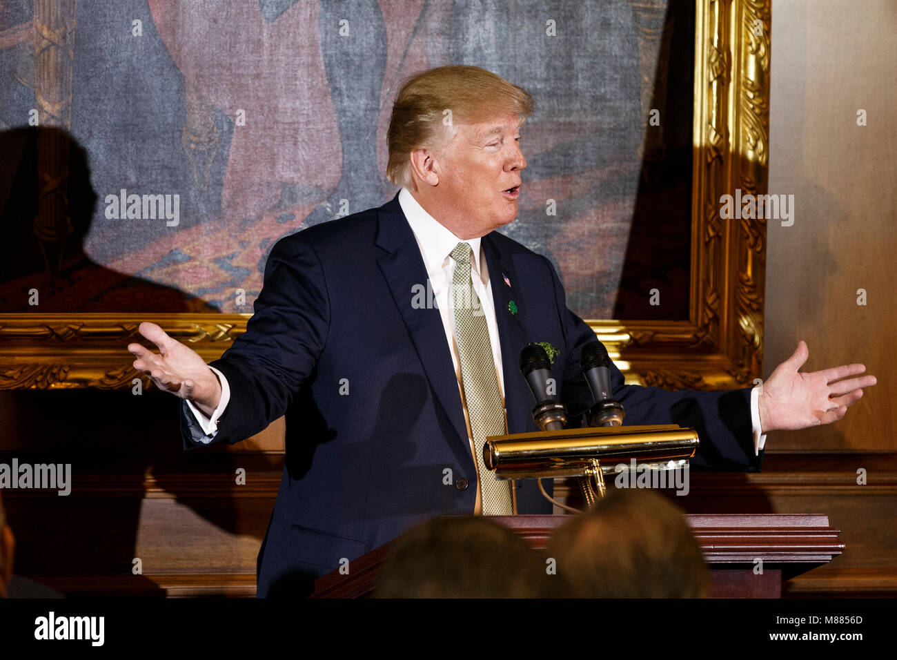 United States President Donald J. Trump speaks at the Friends of Ireland luncheon hosted by United States Speaker of the House of Representatives Paul Ryan, Republican of Wisconsin, at the United States Capitol in Washington, DC on March 15, 2018. Credit: Alex Edelman/CNP /MediaPunch Stock Photo