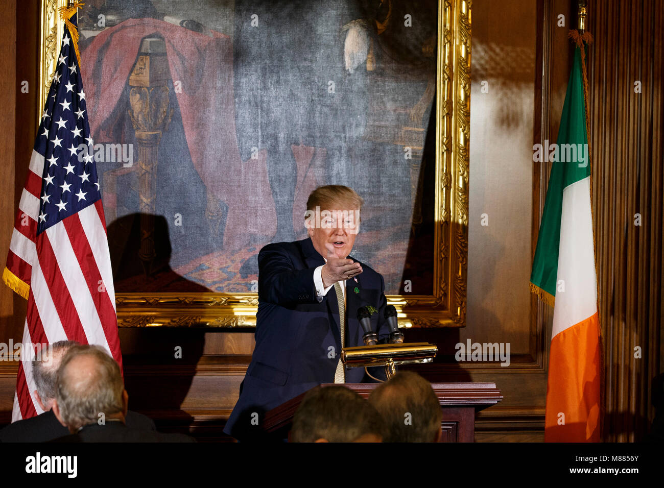 United States President Donald J. Trump speaks at the Friends of Ireland luncheon hosted by United States Speaker of the House of Representatives Paul Ryan, Republican of Wisconsin, at the United States Capitol in Washington, DC on March 15, 2018. Credit: Alex Edelman/CNP /MediaPunch Stock Photo