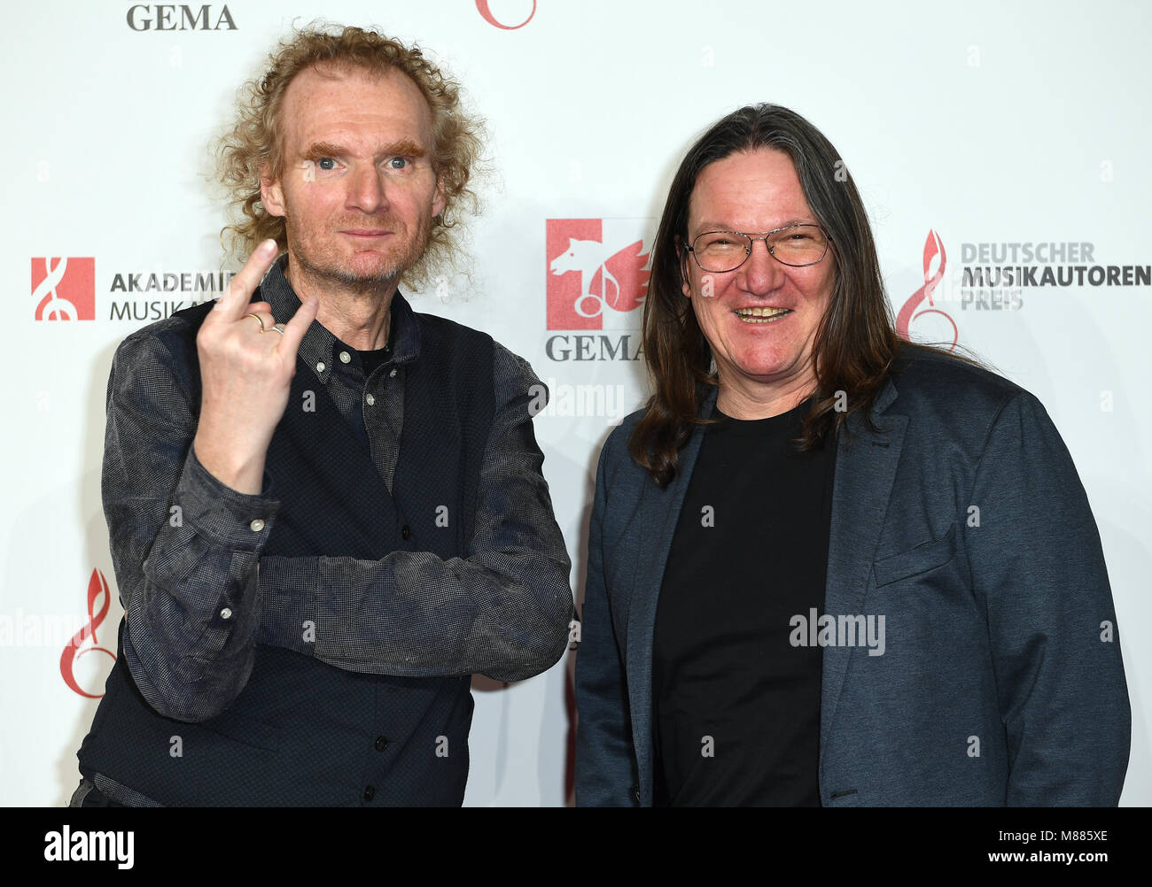 15 March 2018, Germany, Berlin: Holger Huebner (l) and Thomas Jensen,  founders of the Wacken Festival, arrive at the 10th Deutscher  Musikautorenpreis (German Music Authors' Prize) awards held by GEMA. Photo:  Britta