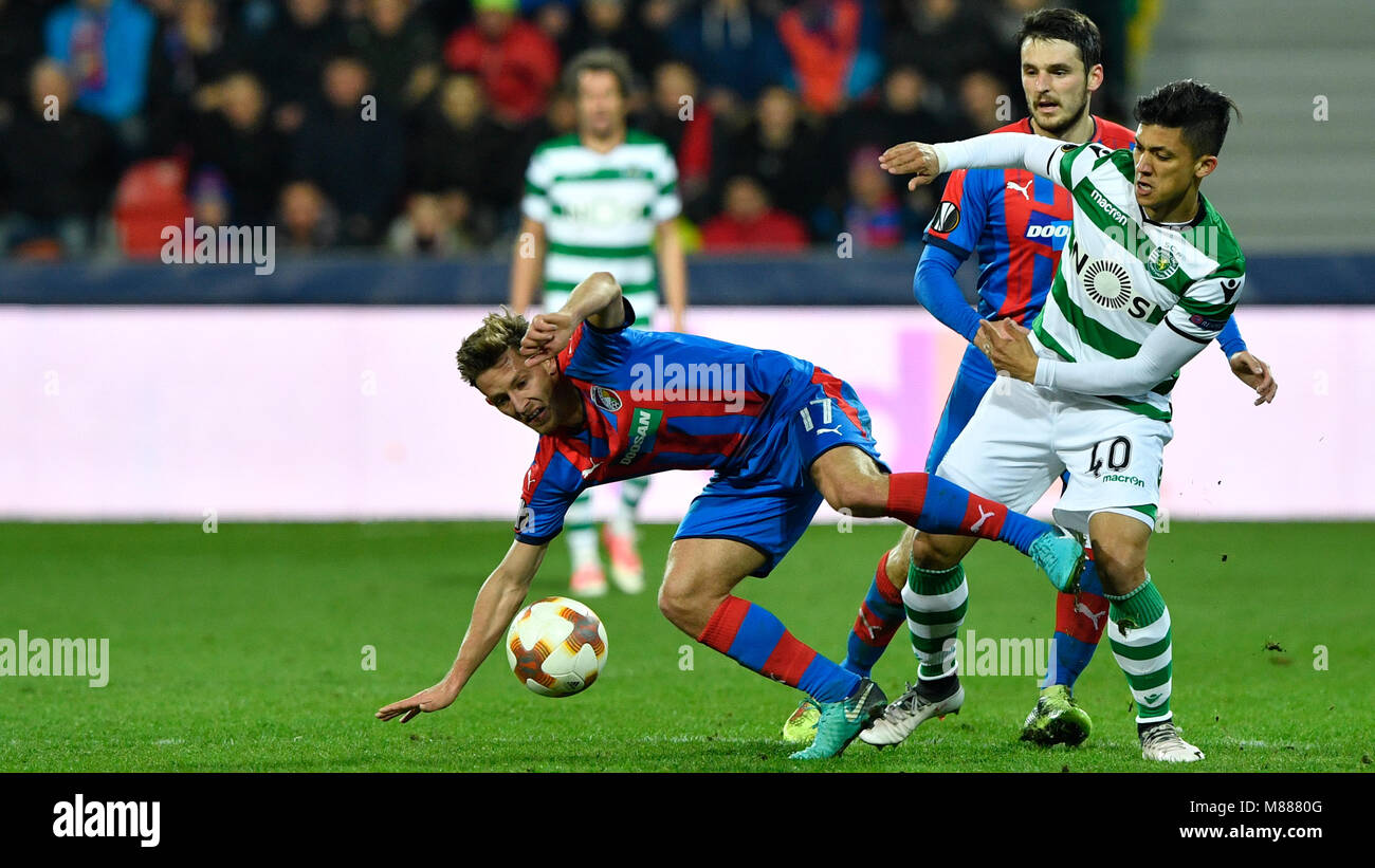 Pilsen, Czech Republic. 15th Mar, 2018. Fredy Montero of Sporting, right, and Patrik Hrosovsky of Viktoria in action during the second leg of the quarterfinal match of the Europe League in Pilsen, Czech Republic, March 15, 2018. Credit: Michal Kamaryt/CTK Photo/Alamy Live News Stock Photo