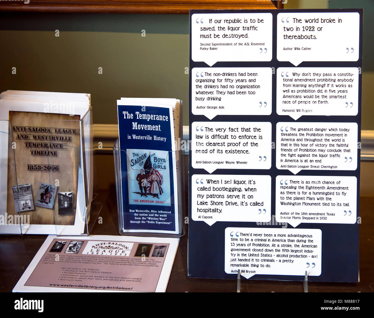Westerville, Ohio, USA. 15th Mar, 2018. The Anti-Saloon League Museum at the Westerville Public Library houses a large collection of materials relating to the political organization, which, through lobbying and the printed word, turned a moral crusade against the manufacture, sale and consumption of alcohol into the 18th Amendment to the United States Constitition. The League and its publishing company wwere able to promote the temperance cause by publishing thousands of fliers, pamphlets, songs, stories, cartoons, dramas, magazines and newspapers in the very same building that now serves Stock Photo