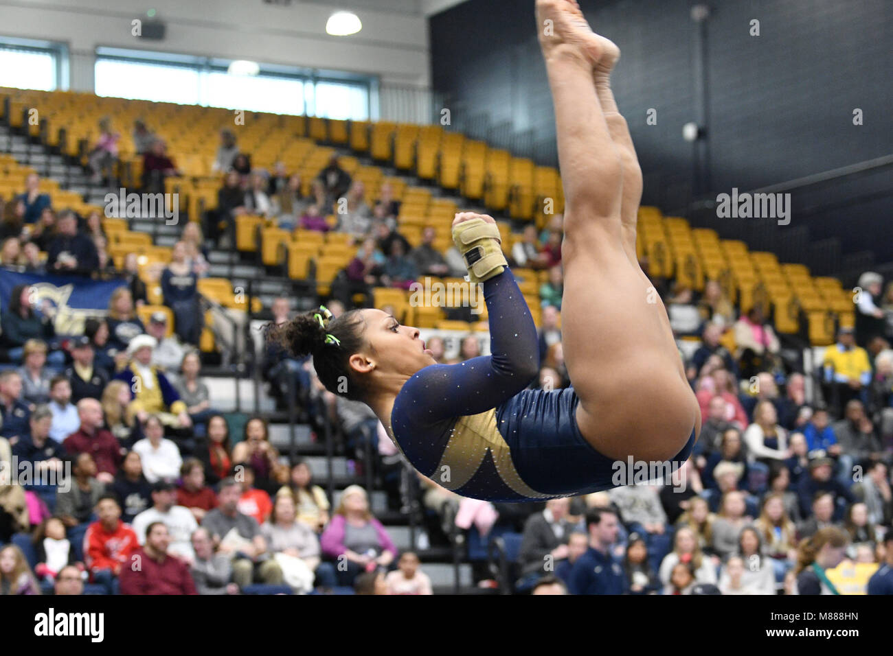 March 11, 2017 - Washington, District of Columbia, U.S - WVU gymnast ERICA FONTAINE competes on floor exercise during a tri-meet hosted by GWU in Washington, DC. (Credit Image: © Ken Inness via ZUMA Wire) Stock Photo