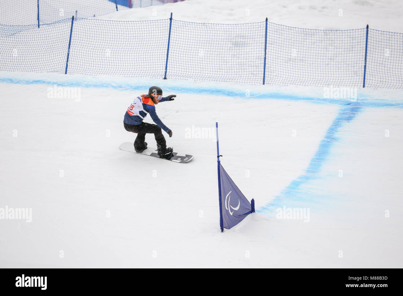 PyeongChang, South Korea. 16th March, 2018. Para Snowboard. Team GB - Pick Owen Credit: Marco Ciccolella/Alamy Live News Stock Photo