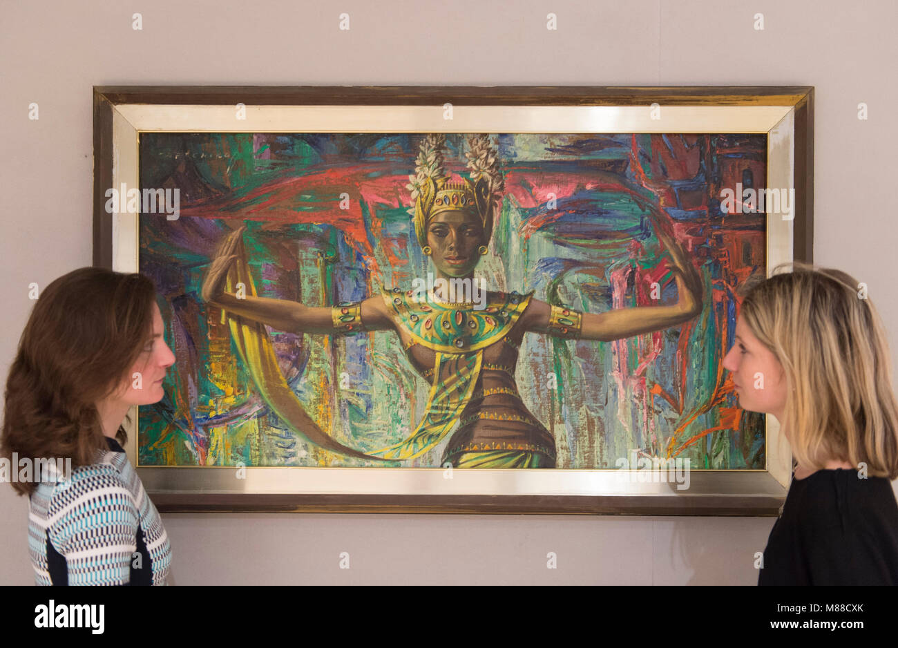 Bonhams, New Bond Street, London, UK. 16 March 2018. Balinese Dancer by Vladimir Tretchikoff at the photo call for Bonhams South African sale. It is estimated at £25,000-35,000. The artist famous for his blue Chinese woman portrait. Credit: Malcolm Park/Alamy Live News. Stock Photo