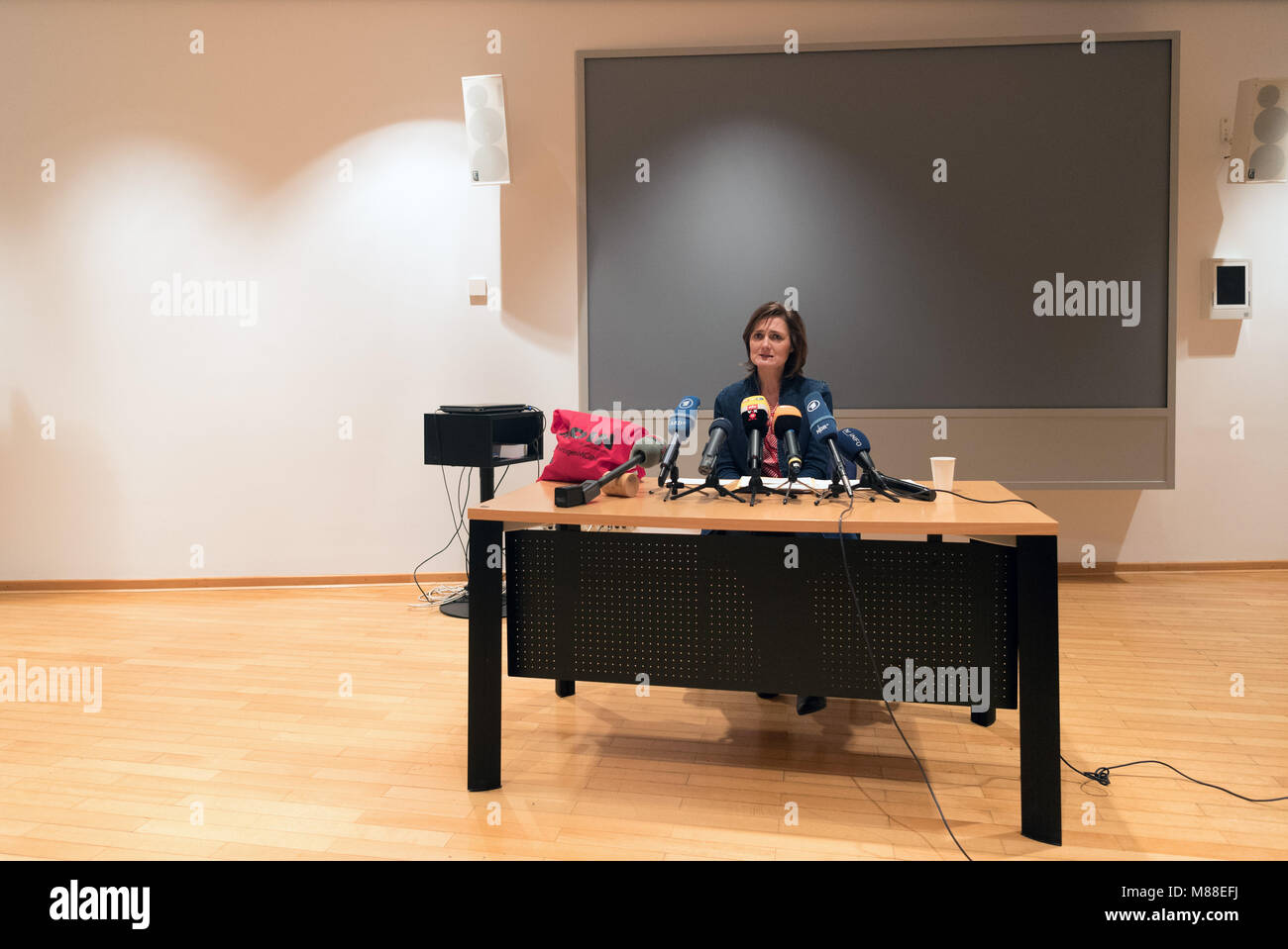 16 March 2018, Germany, Berlin: Flensburg mayor Simone Lange of the Social Democratic Party (SPD) apeaks about running for the position of SPD chairwoman at a press conference. Lange demands a separation of party and faction leadership. Photo: Soeren Stache/dpa Stock Photo